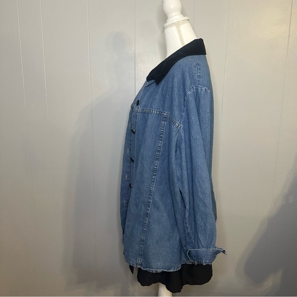 Vintage Delta Burke Blue Denim Button Down with Black Velvet Accents - Picture 2 of 5